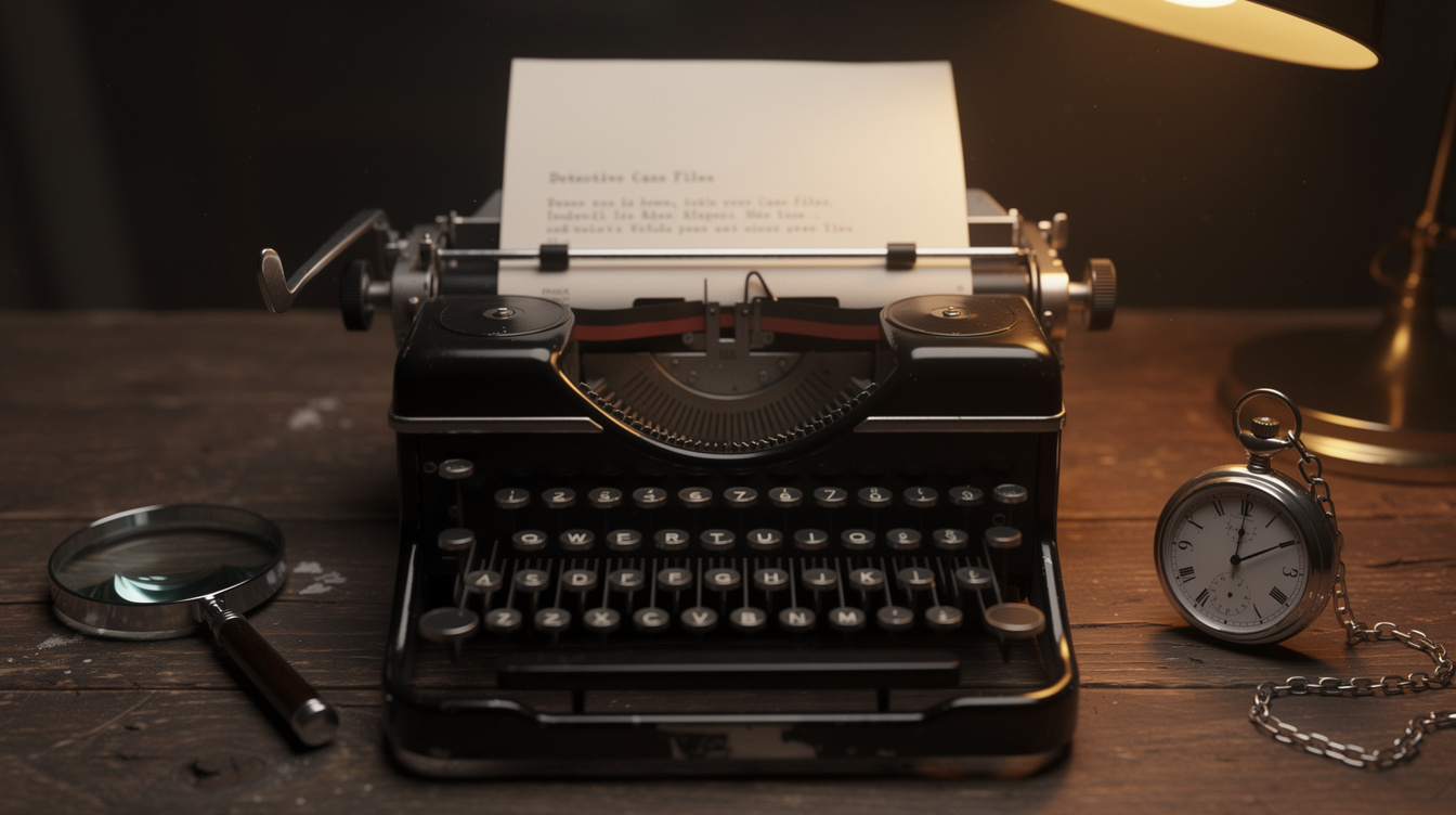Close-up of a vintage typewriter with a half-written detective manuscript