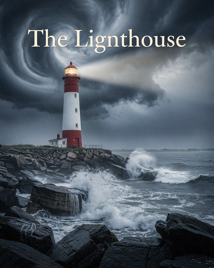 Book cover with a lighthouse on a stormy coastline