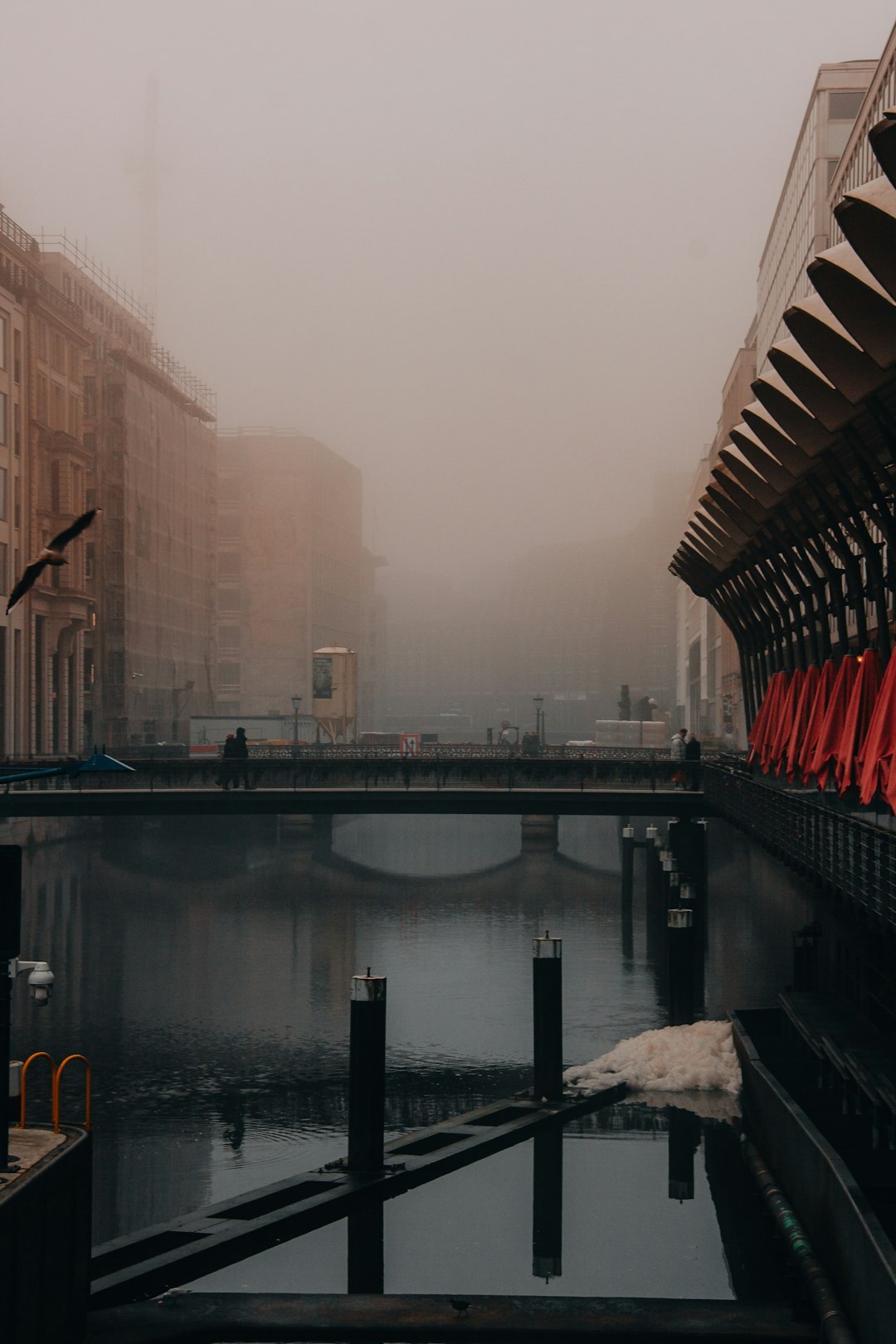 Dark moody book cover with a foggy canal scene