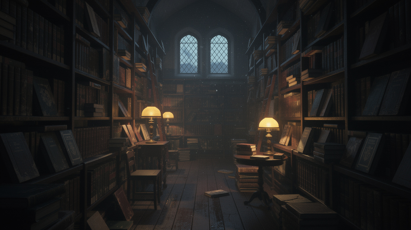Dimly lit vintage bookstore with tall wooden shelves full of books